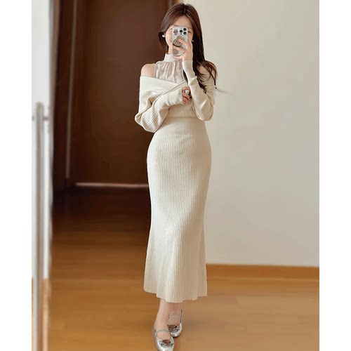 2025春立领薄纱拼接收腰