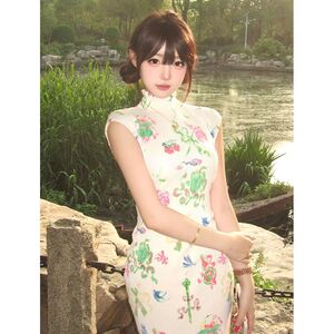 国潮新中式立领旗袍夏季显瘦辣妹设计感小众花朵边无袖连衣裙女