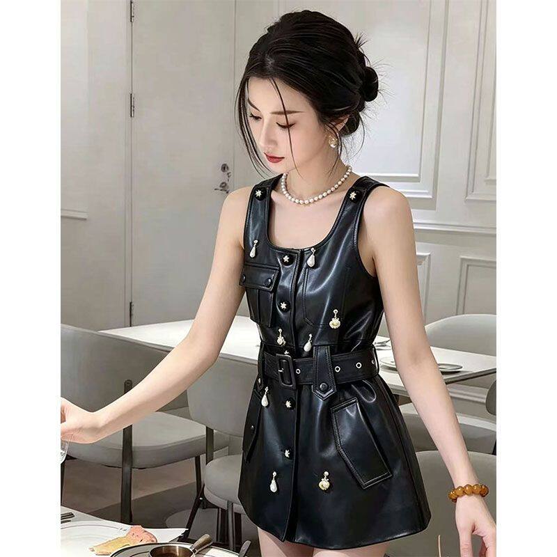 秋冬新款PU皮钉珠皮裙女