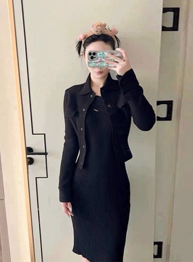 立体剪裁自动收腰纯黑黑色密织单排扣口袋开衫外套卜斯斯同款