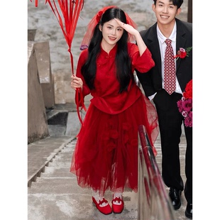 订婚衣服日常穿红色新中式改良旗袍纱裙新娘礼服小个子敬酒服晨袍
