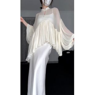 夏天装搭配一整套新中式国风白色吊带连衣裙木耳边披肩两件套装女