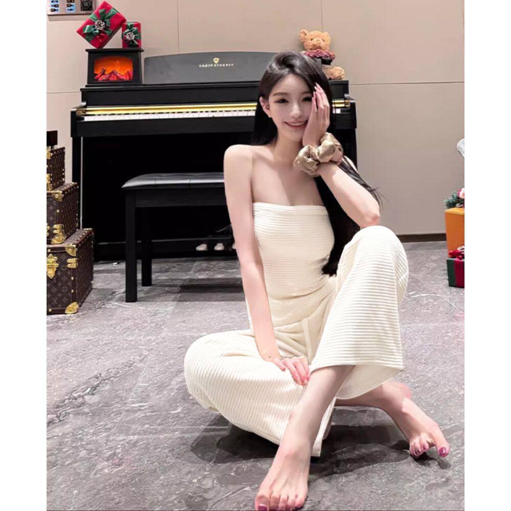 小众气质穿搭辣妹套装女夏无袖抹胸背心上衣高腰休闲阔腿裤两件套