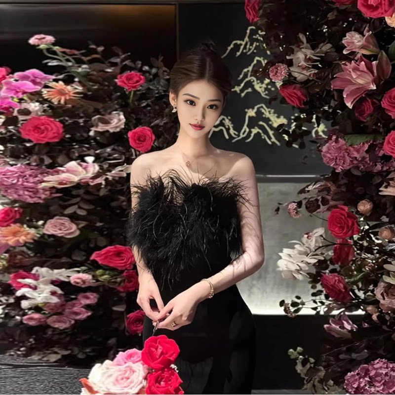 生日派对高端大气晚礼服裙晨袍黑色羽毛抹胸宴会连衣裙夏
