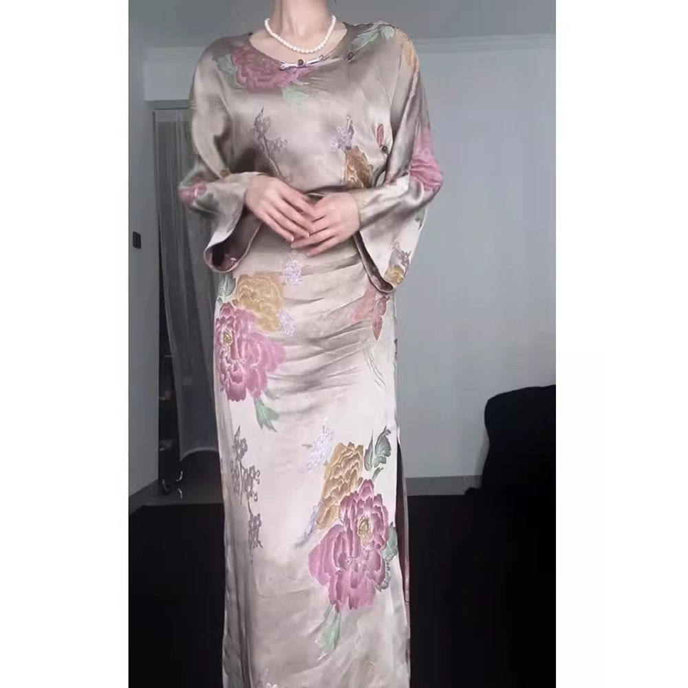 新中式开叉旗袍裙女2024年秋季高级感国风收腰简约森系印花裙子