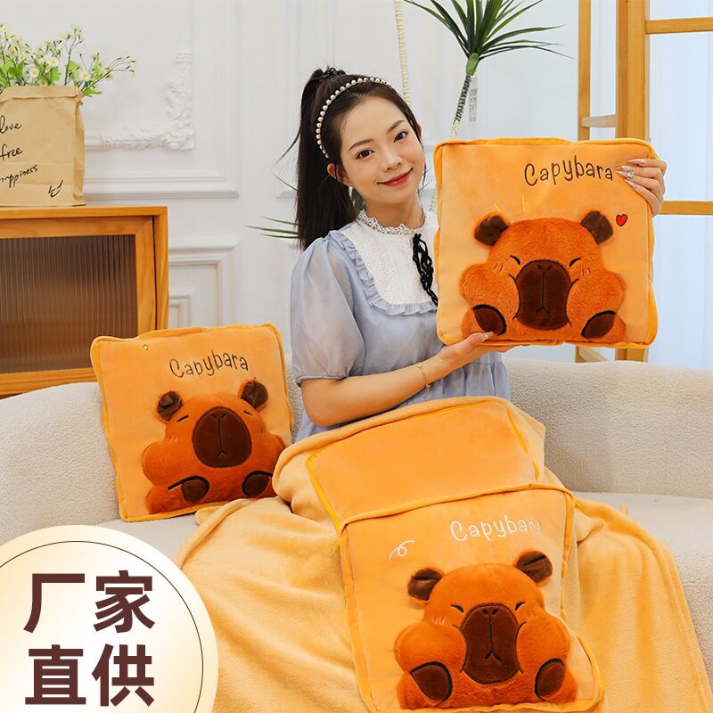 水豚抱枕卡皮巴拉办公室靠枕折叠午睡毯子枕头卡通二合一汽车靠垫