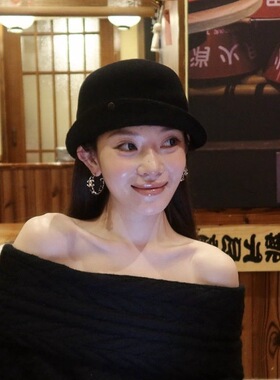 3分月光 韩国博主同款黑色羊毛礼帽女秋冬显脸小渔夫帽百搭盆帽