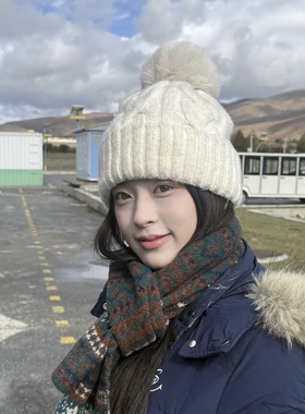 3分月光麻花针织双层毛线帽秋冬季麻花毛球毛线帽女加厚冷帽保暖