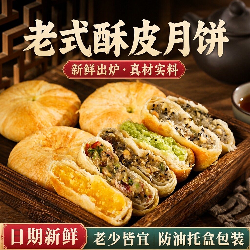 九月新生产传统苏式酥皮月饼老式五仁枣泥绿豆月饼中秋礼盒批发