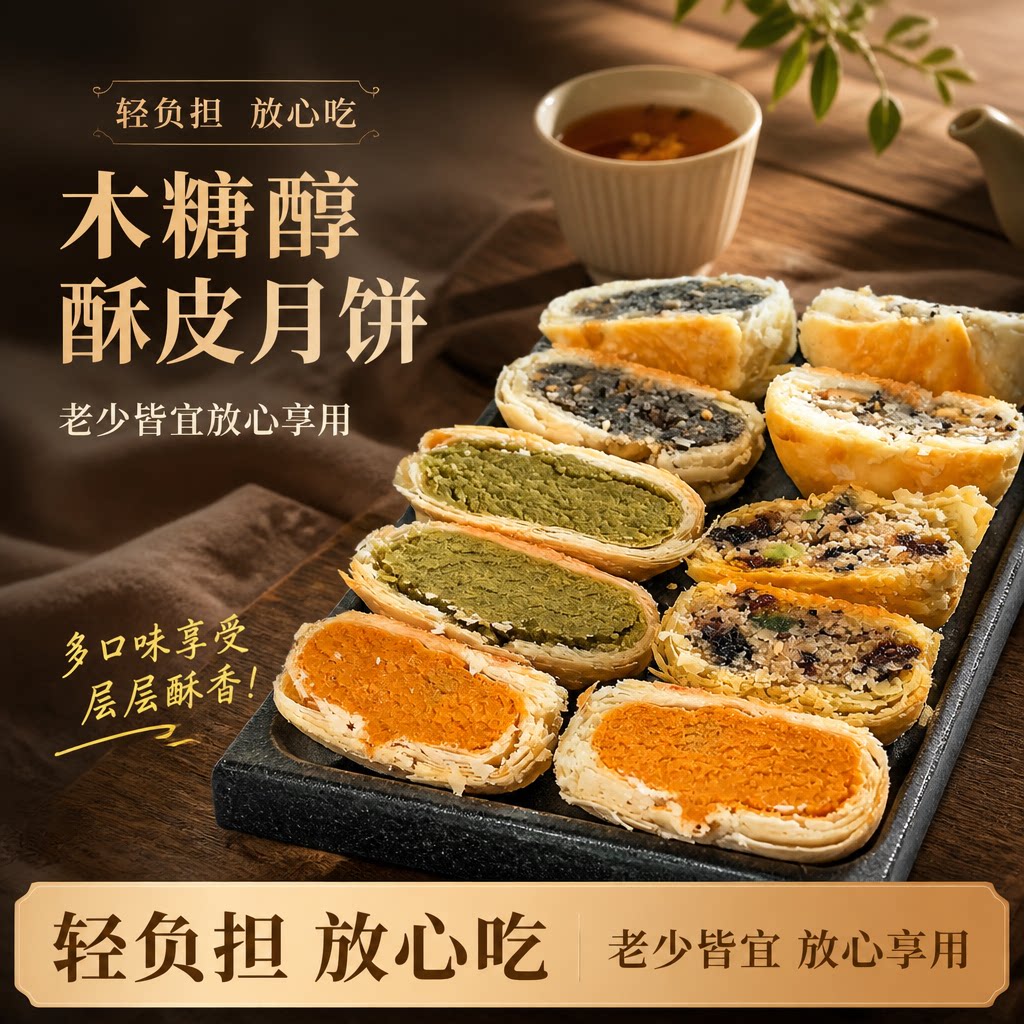 慧香娘木糖醇老式酥皮月饼山药五仁荞麦黑芝麻蛋黄味月饼无添蔗糖