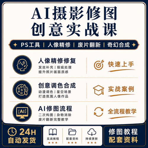 AI摄影创意修图PS工具人像精修废片翻新奇幻合成实操课程