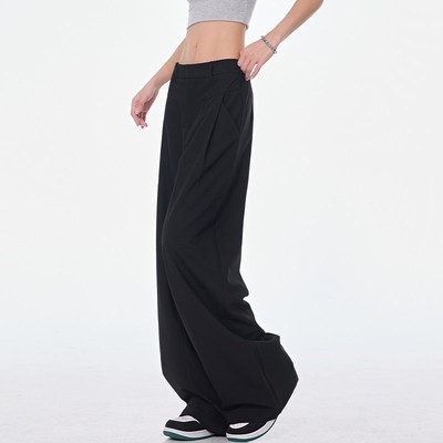 黑色阔腿西装裤垂感褶皱休闲裤女