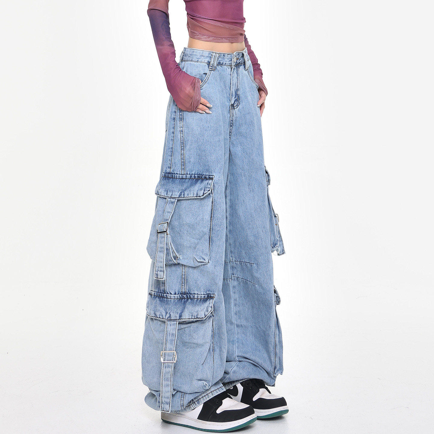 KEN STUDIO春秋美式街头浅蓝色工装牛仔裤女高腰多口袋阔腿裤裤子,女装/女士精品,牛仔裤,淘宝优惠券,粉丝福利购,淘宝优惠卷