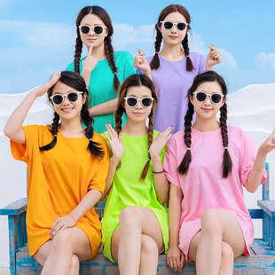 彩色t恤圆领短袖宽松闺蜜装团体出游旅行表演服多巴胺糖果色t恤