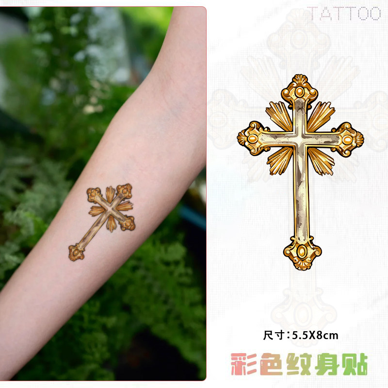 金色十字架 彩色纹身贴新款个性彩绘男女氛围感ins风防水遮疤贴纸