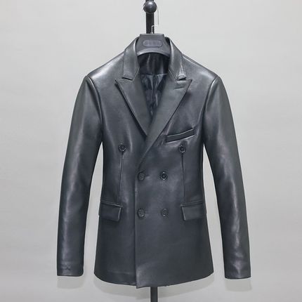 男士真皮西装头层绵羊皮衣修x身青年双排扣开衩休闲西服职业外套