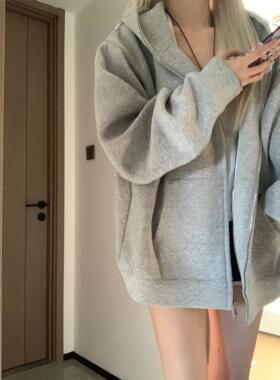 021ope你会穿n次 连帽卫衣外套灰色开衫女春秋休闲宽松韩系慵懒风