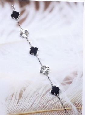 纯银精工车花双面镭射拼接天然玛瑙四叶草五花手链送女友银手环