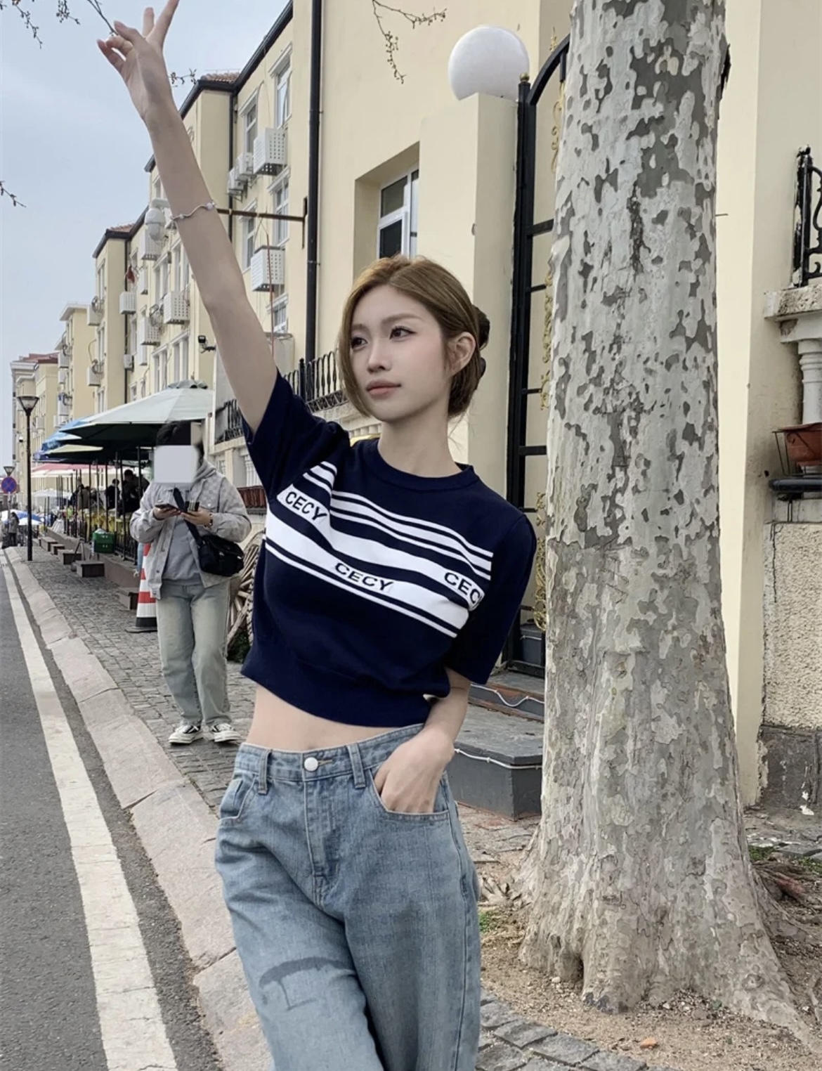 GROVE韩国东大门夏季新款字母条纹泡泡袖短袖圆领短款针织衫