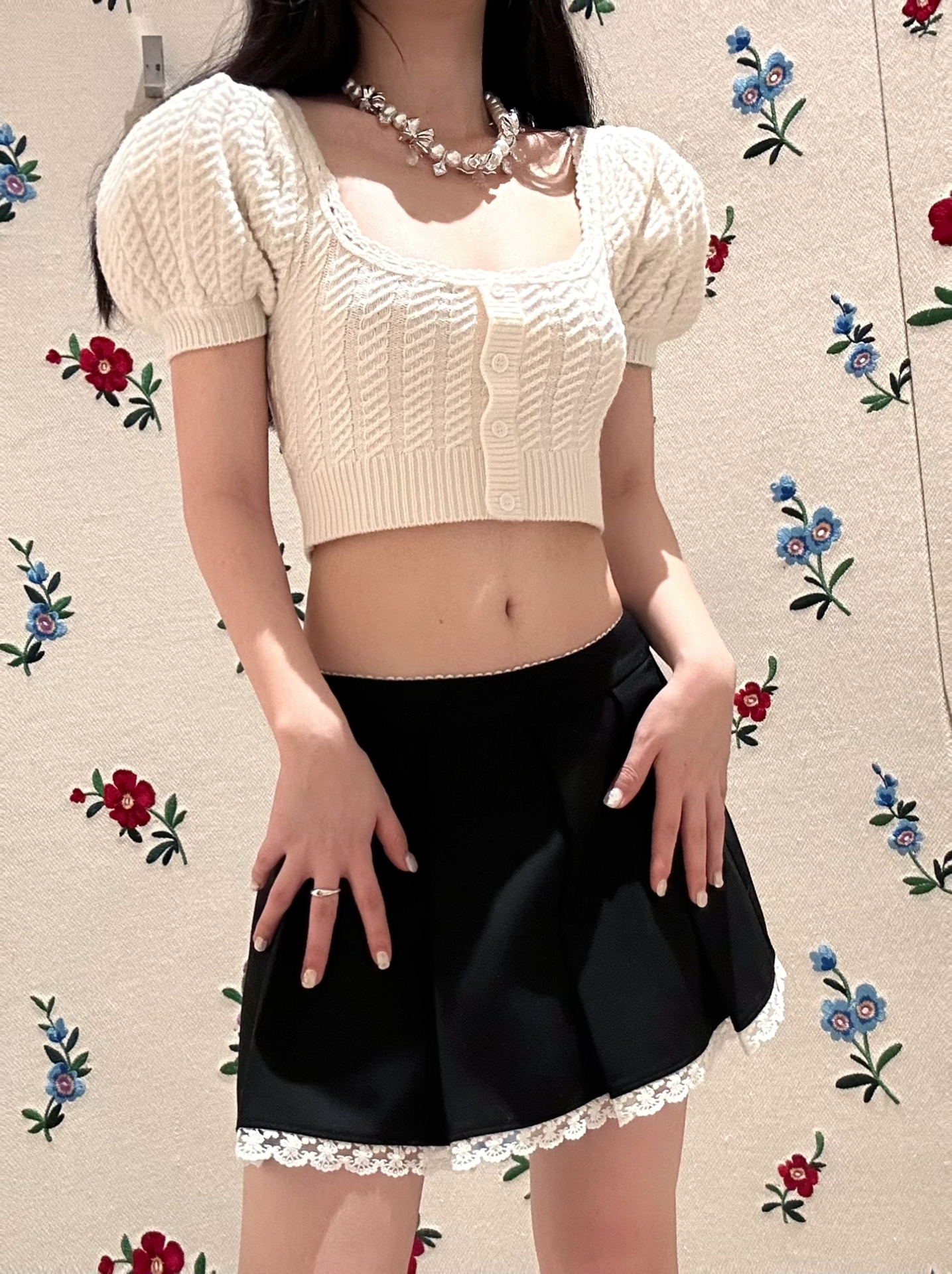 高定版sst蕾丝拼接宽褶百褶半裙