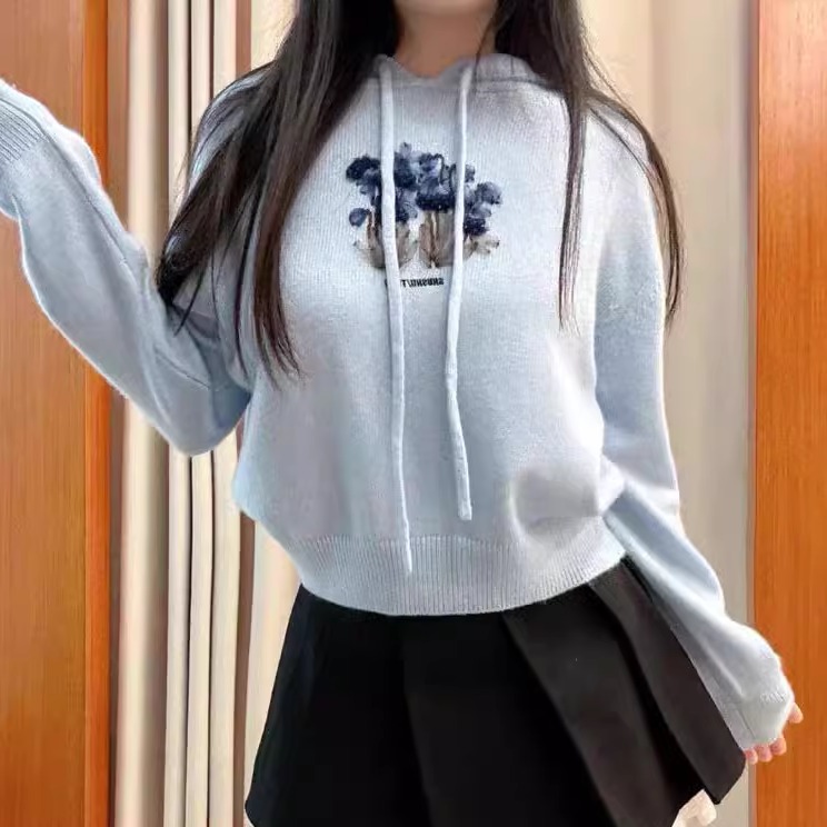 【高品质】甜美连帽针织卫衣短款女shushu针织卫衣套头毛衣tong