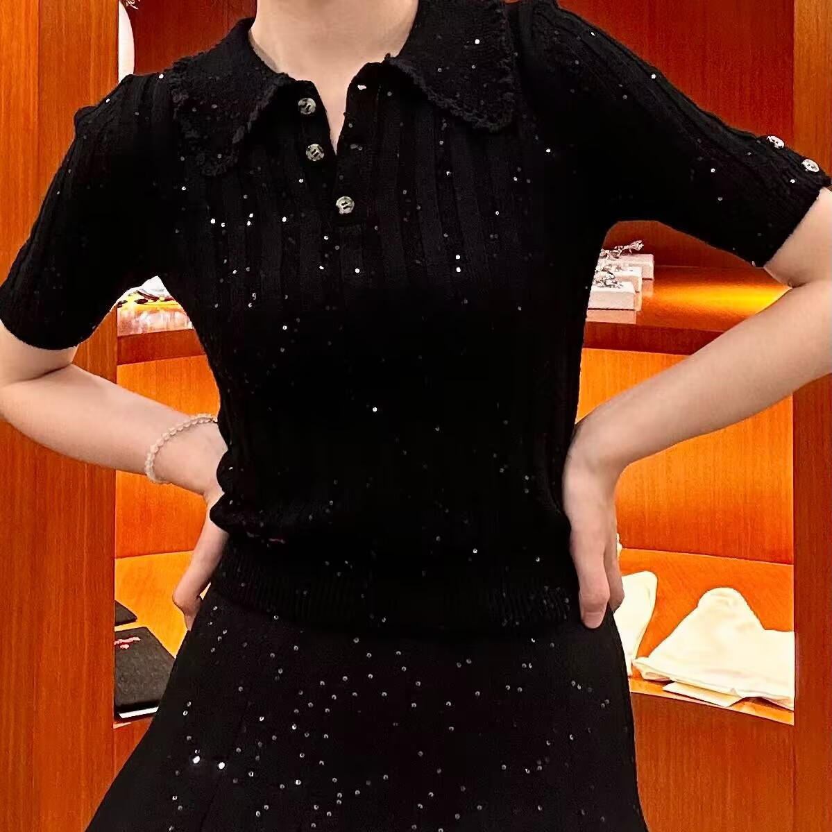 【高版本】shushu亮丝针织短袖tong修身娃娃领短袖花边领短袖sst