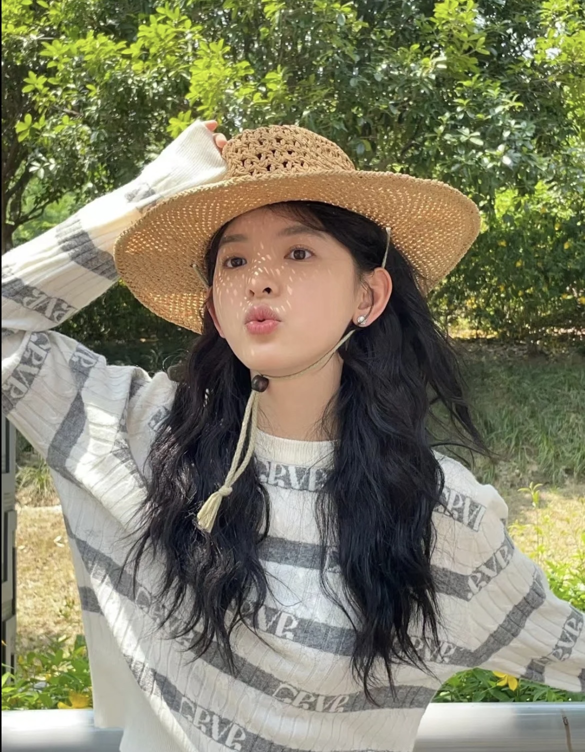 韩国东大门GROVE春季新款张若楠同款字母条纹羊毛衫圆领长袖上衣