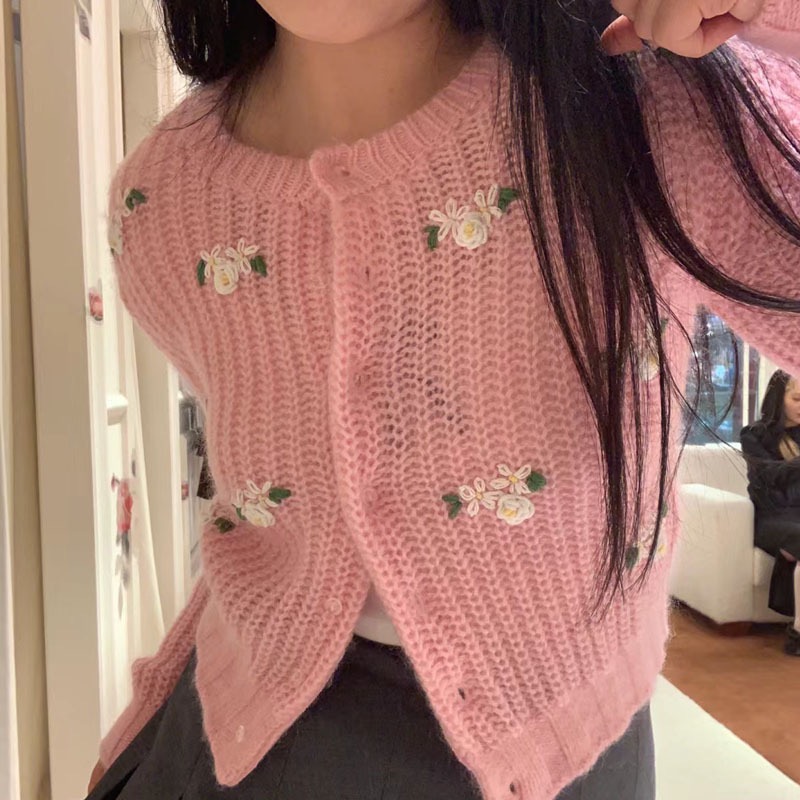 24ss甜美立体shushu花朵绣花长袖针织开衫上衣tong女针织开衫