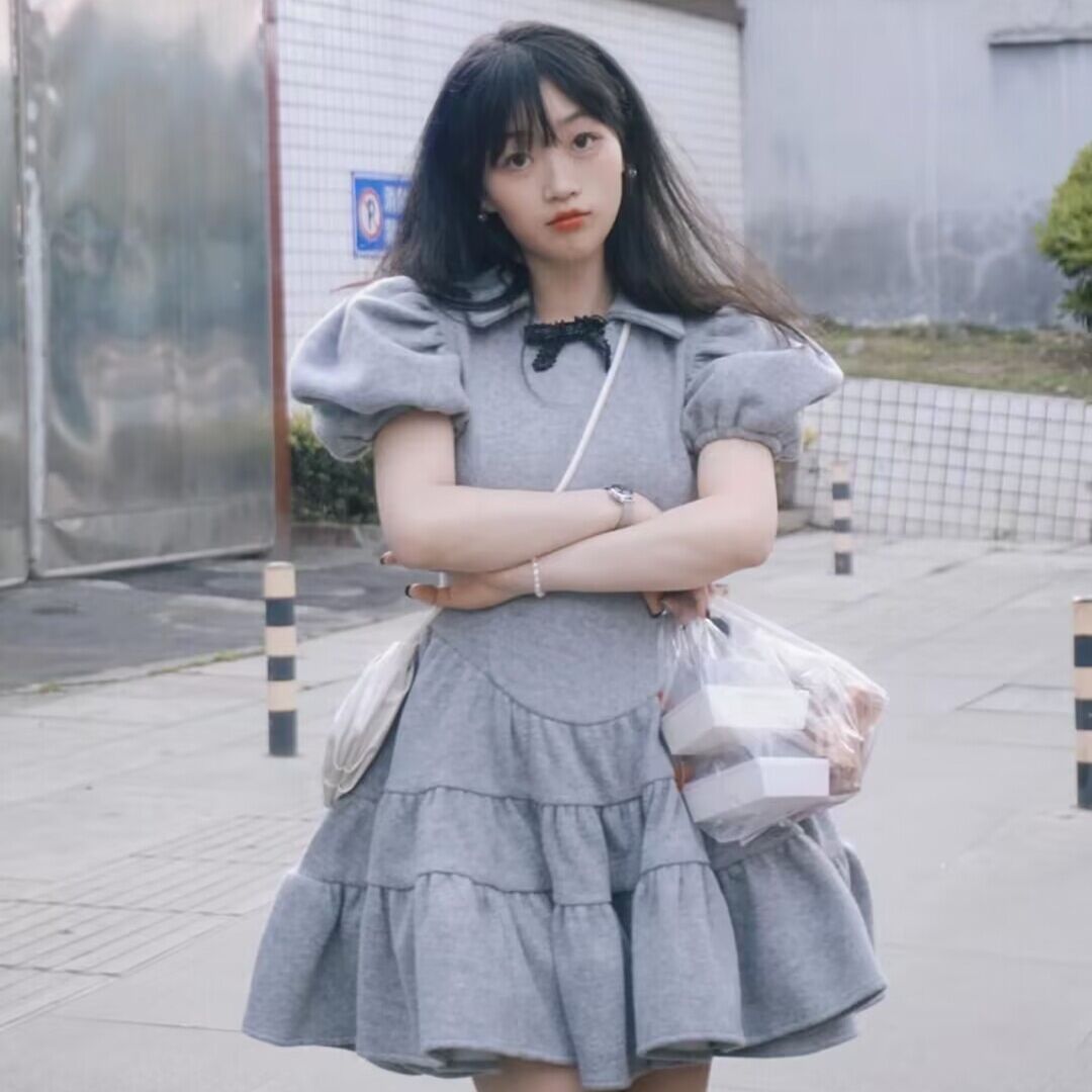 【高版本】shushu复古泡泡袖蓬蓬裙tong蝴蝶拼接连衣裙sst