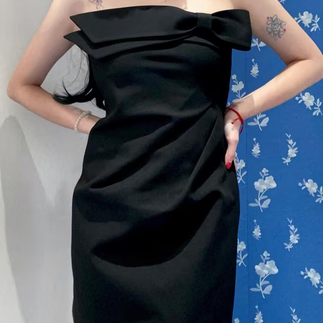 【高品质】shushu轻奢侧蝴蝶结褶皱抹胸连衣裙气质抹胸连衣裙tong