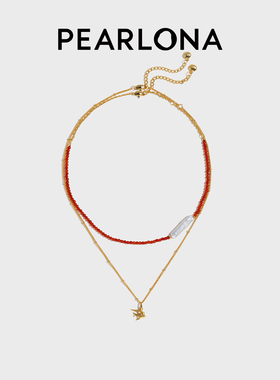 PEARLONA财神鱼银条鸿运珠叠戴项链红玛瑙新年礼物女吊坠淡水珍珠