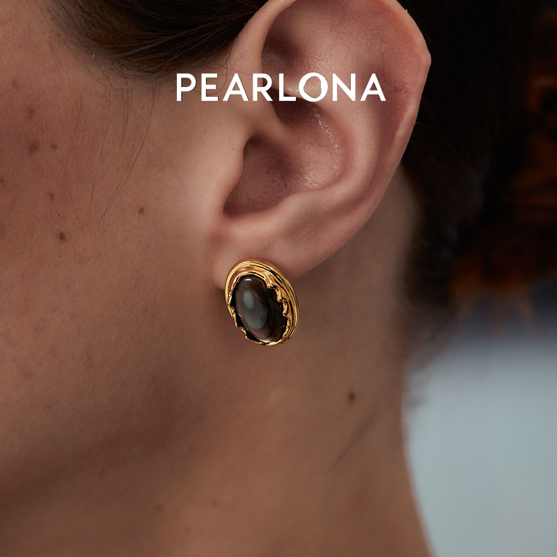 PEARLONA危险花园捕蝇草复古大溪地黑海水贝耳钉珍珠简约通勤商务