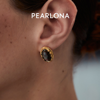 PEARLONA危险花园捕蝇草复古大溪地黑海水贝耳钉珍珠简约通勤商务