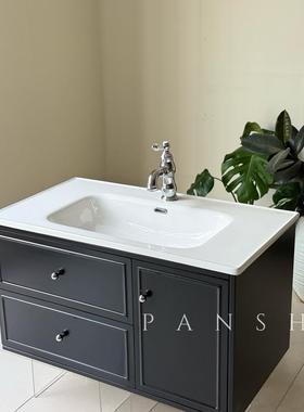 法式复古风橡木烤漆黑色浴室柜组合陶瓷一体盆卫浴柜马桶格定制