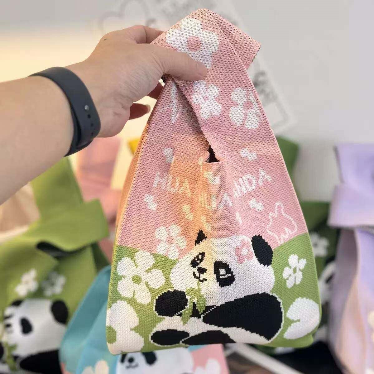 熊猫针织小包手提包六一儿童节礼品袋幼儿园编织手拎袋迷你手腕包