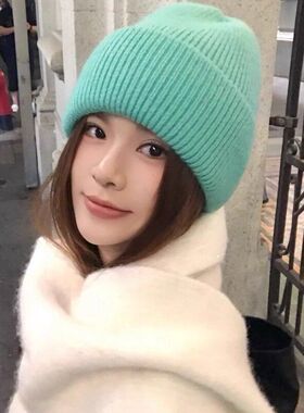 Double inin 韩系含兔毛针织帽女秋冬冷帽保暖堆堆帽显脸小包头帽