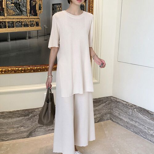 Fashion Temperat Ice silk Knitted Two piece Casual set Wo Lo