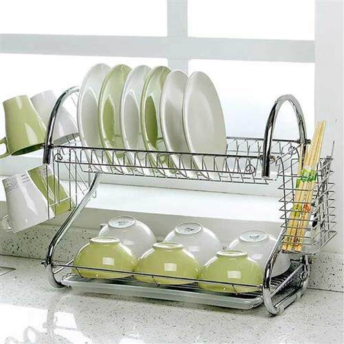 S-Shaped Dish Rack Set 2-Tier Chrome Stainless Plate Dish Cu