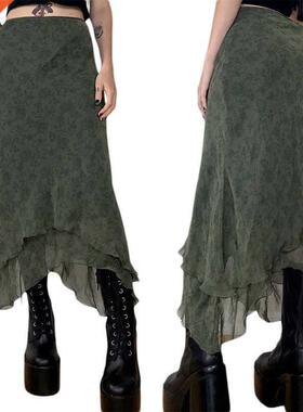 Plaid Skirt Women Y2k Retro Straight Skirts Double Layer Mes