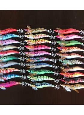15Pcs Luminous Squid Jig Lures Wood Shrimp Bait 2.5# 3.5# 11