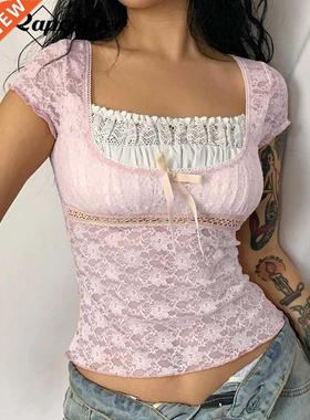 Rapcopter y2k Pink Trim Crop Top Bow Cute Sweet T Shirt Wome