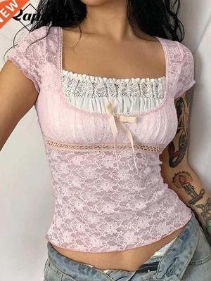 Rapcopter y2k Pink Trim Crop Top Bow Cute Sweet T Shirt Wome