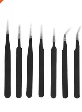 9pcs/Lot Anti-stati Tweezers Black Stainless Steel Antistati