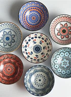 2Pcs/Set 4.7inch Retro Ceramic Bowl Set Underglaze Rice