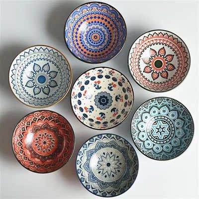 2Pcs/Set 4.7inch Retro Ceramic Bowl Set Underglaze Rice