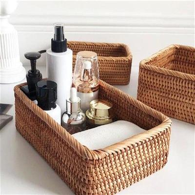 Hand-Woven Rectangular Rattan Wicker Basket Fruit Tea Snack
