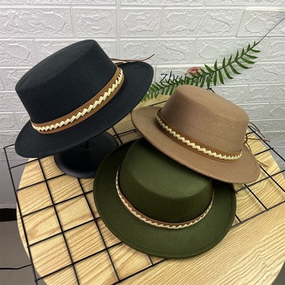 Flat Top Fedoras Hats for Women Solid Color Imitation Woolen