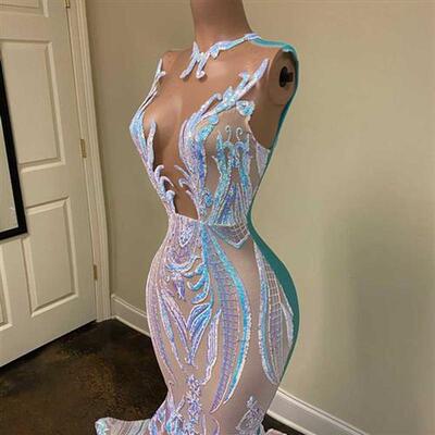 Long Sparkly Prom Dresses 2022 Sheer O-neck Sleeveless Real