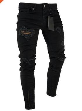 2022 Black Stretch Skinny Fit Bottom Zipper Jeans Men Knee R