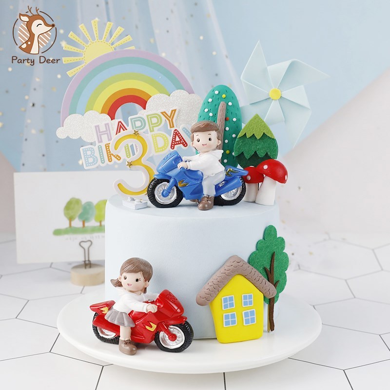 Motorcycle Boy Girl Cake Topper for Birthday Party Decoratio